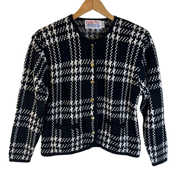 Tally Ho Vintage Black and White Houndstooth Cardigan Sweater Medium 80s Classic - Picture 1 of 8